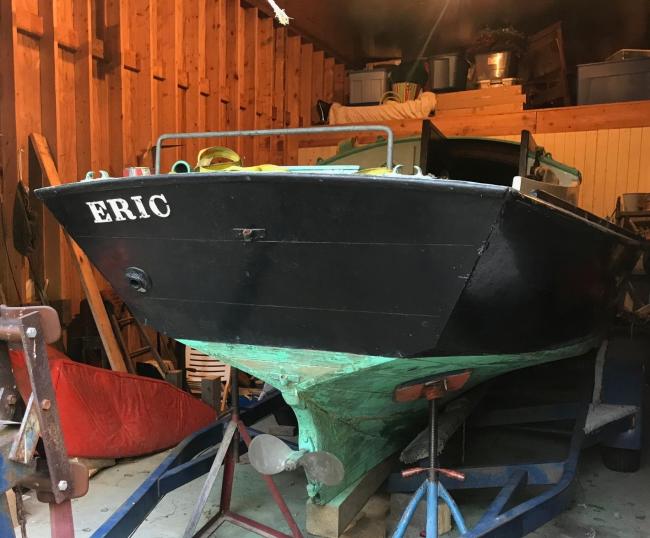 1938 Gaff-rigged Cutter, inside on stands, stern view