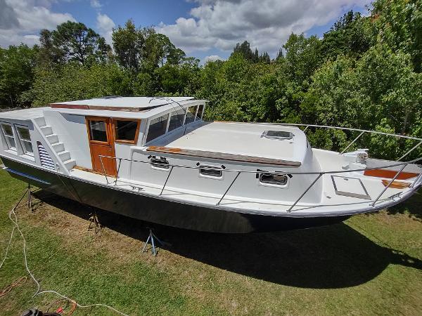 40' Lobster  Boat Custom Trawler, on stands starboard side view