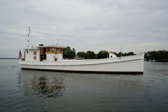 1938 65' Chesapeake Bay Buyboat "Choptank", in water starboard side view