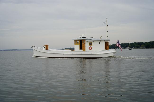1938 65' Chesapeake Bay Buyboat "Choptank", in water full port side view