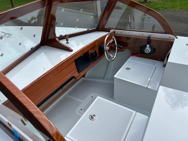 Albury Brothers Runabout, view inside seating, wheel , controls