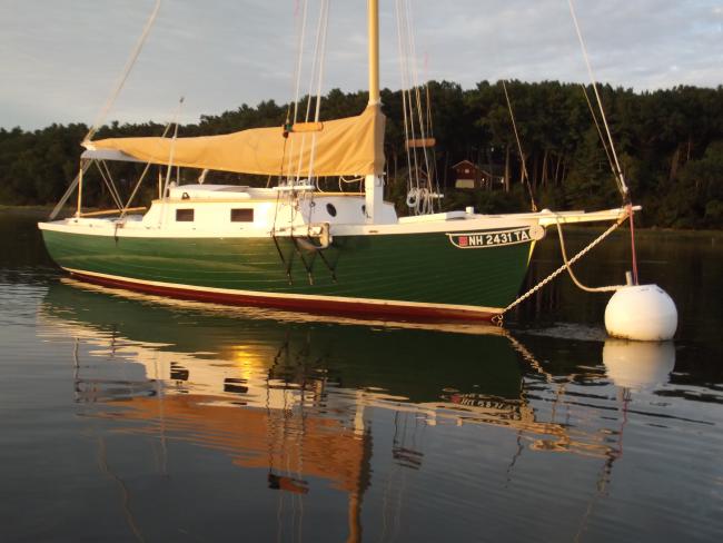 Silk Purse - An Historically-Inspired Trailerable Gaff Pocket Cruiser , on mooring starboard side view