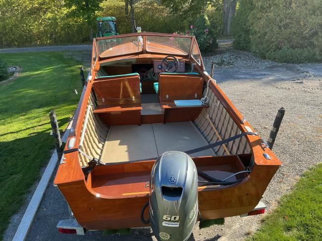 1961 Lyman 18' Outboard, on trailer, view from stern towards bow