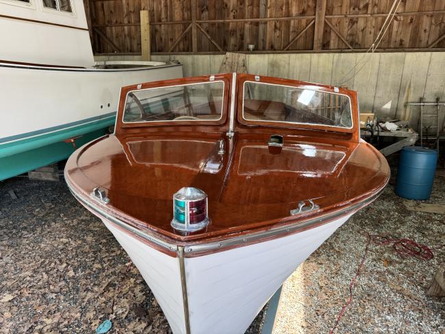 '57, 23' Lyman, runabout., stored inside view from bow