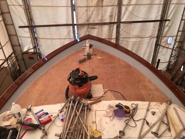 1965 Chris-Craft Constellation, stored inside looking down at bow from above