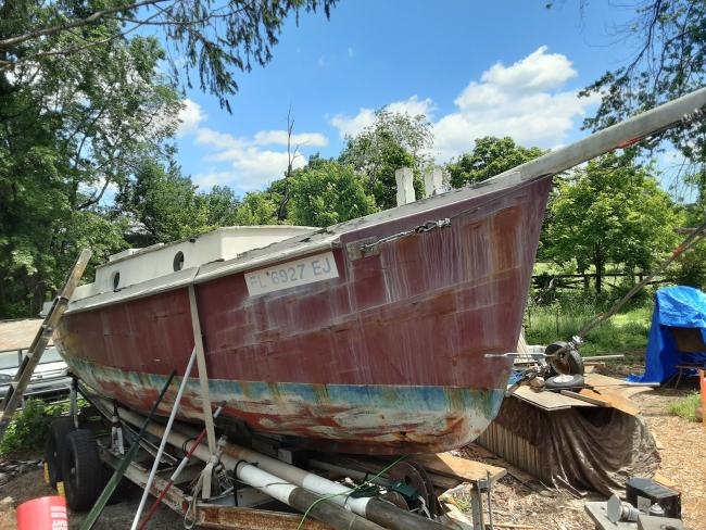 34' Mahogany Schooner $6,000, on the hard, starboard bow view