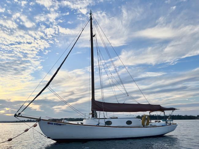 Modified Wianno Senior Sailboat, Hull #1, moored port side view