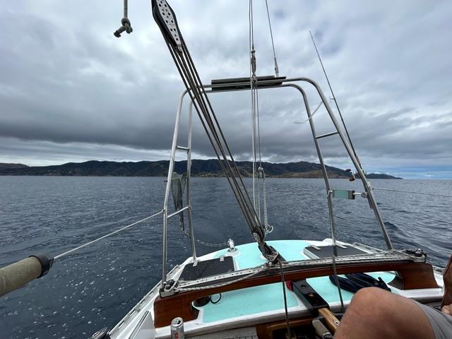 "SHADOWFOX" 31' Ocean crossing cruiser, undersail, view from deck looking toward stern