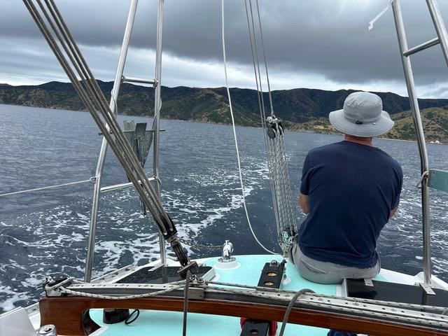 "SHADOWFOX" 31' Ocean crossing cruiser undersail, view from deck looking toward stern